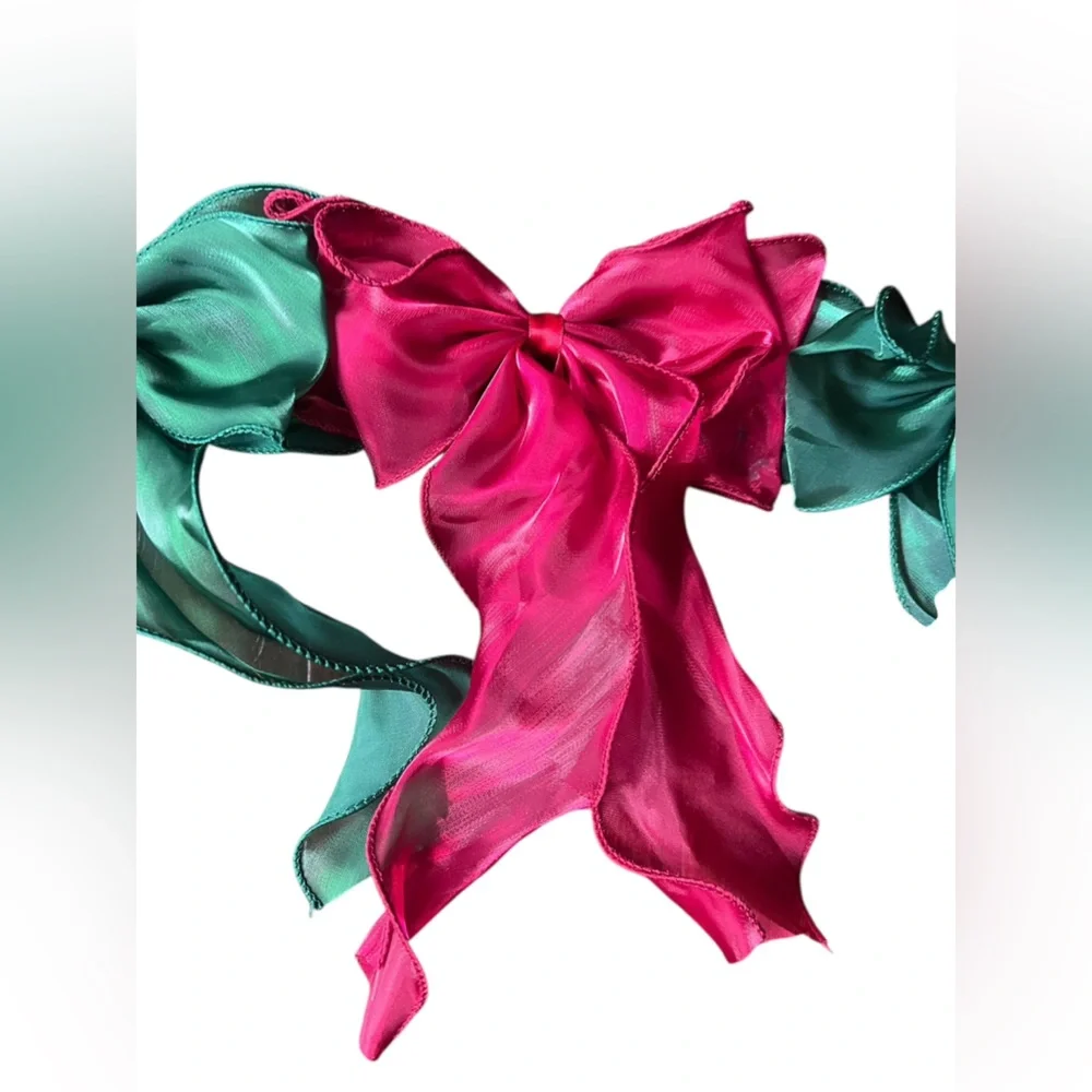 Holiday/Christmas Burgundy & Green Chiffon wired bow garland 55” length